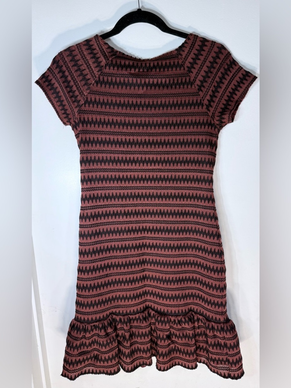 Free People Boho Mini Dress Rust Black Pattern Ruffle Hem Size M - Picture 3 of 5
